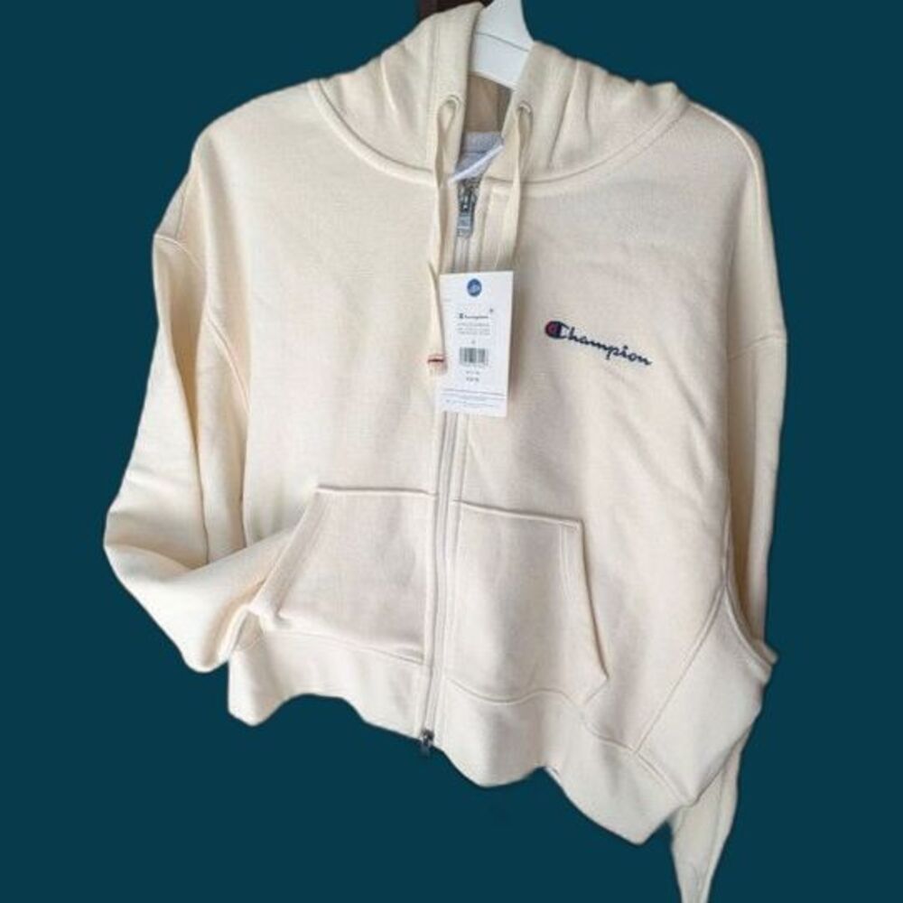 Champion Women's Cropped Hooded Fleece Zip-Up Hoodie Cream (Size S) NWT